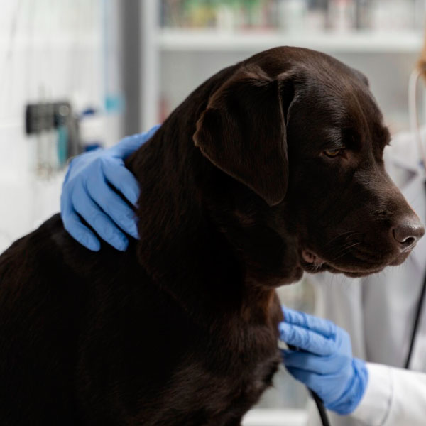 Veterinário examinando cão durante consulta de endocrinologia veterinária
