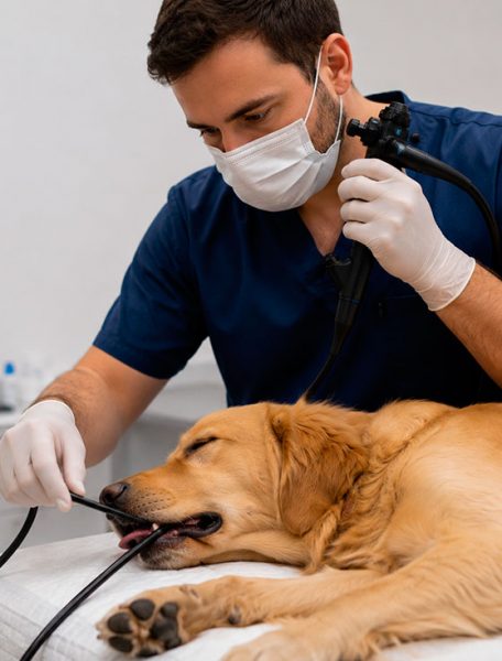 Médico veterinário fazendo endoscopia veterinária em cão